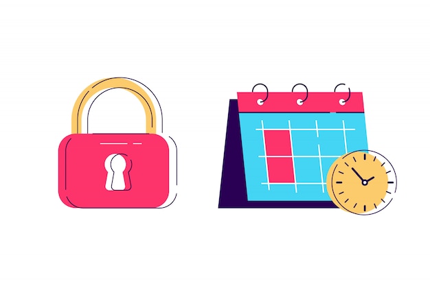 プレミアムベクター ロッカーとカレンダーの時間アイコン 南京錠のシンボル キーロックのイラストのプライバシーとパスワード のアイコン シンプルなビジネスコンセプト