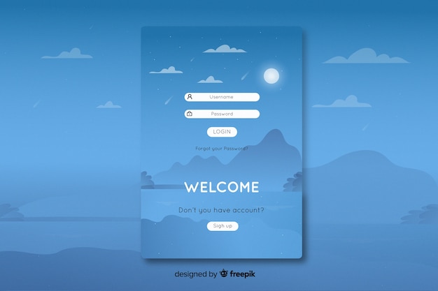 Log in landing page with flat design landscape background Free Vector