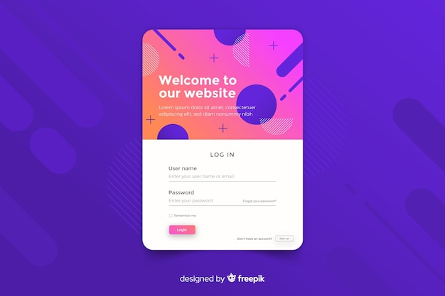 Log in landing page with geometric shapes on colorful background Free Vector