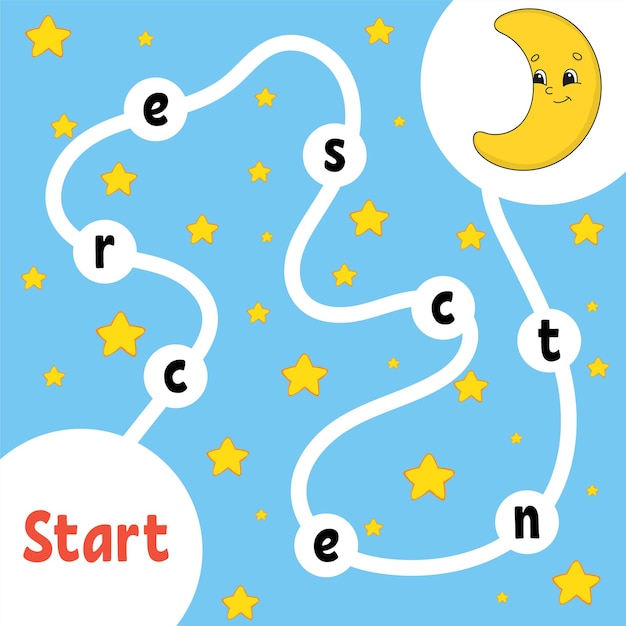 論理パズルゲーム かわいい三日月 子供のための単語学習 隠された名前を見つけてください 教育開発ワークシート 活動ページ プレミアムベクター