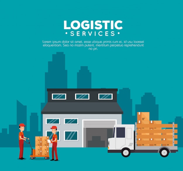 Logistic services with warehouse building Free Vector