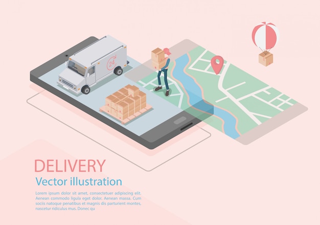 Logistics and delivery infographics. isometric, truck, drone and delivery man. vector illustration Premium Vector