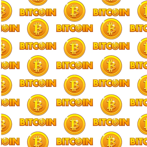 ロゴビットコインイラストシームレスパターン背景黄金コインはビットコインサインで分離されました 暗号通貨電子 プレミアムベクター