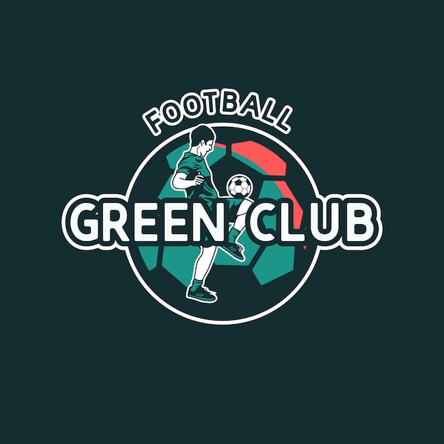 ジャグリングボールフラットビンテージイラストをやっているフットボール選手とロゴデザインサッカーグリーンクラブ プレミアムベクター