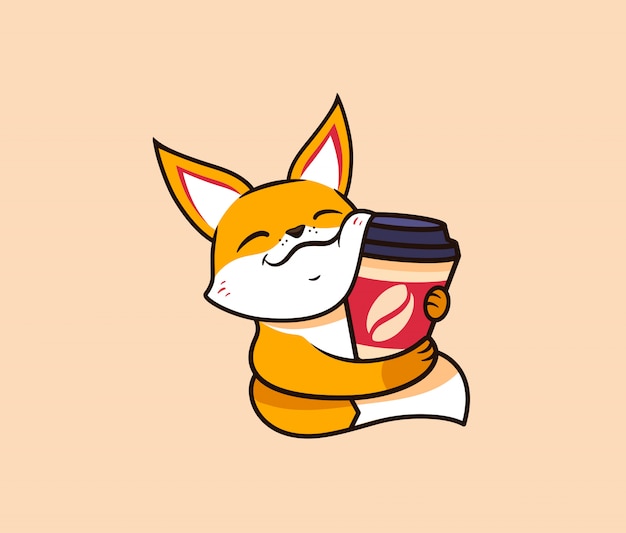 The logo funny fox with coffee. food logotype, cute animal, cartoon character | Premium Vector