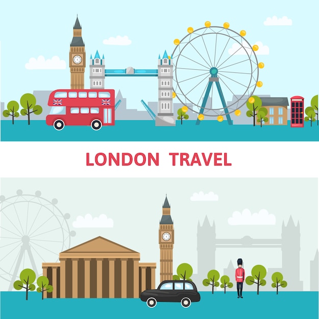 見出しロンドン旅行と市内の観光スポットとロンドン市内のスカイラインのイラスト 無料のベクター