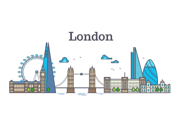 ロンドンの街並み 建物と都市のスカイライン ヨーロッパのランドマーク現代フラットなベクトルのイラスト プレミアムベクター