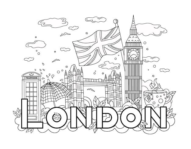 ロンドンの概要。旅行と観光の歴史。ベクトルの背景。線形イラスト 