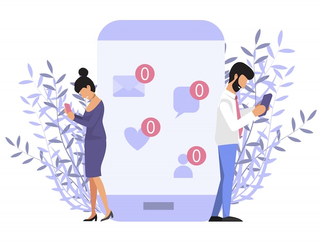 Loneliness with phone. people near mobile phone with no message sign. sad man and woman holding mobile phone with no message sign Premium Vector
