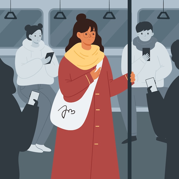 地下鉄の群集の中で孤独な女性 公共交通機関の人々 フラットスタイルのイラスト プレミアムベクター