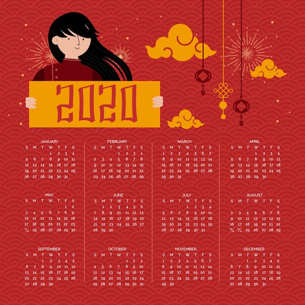 Long Black Hair Girl And Red Chinese New Year Calendar Free Vector