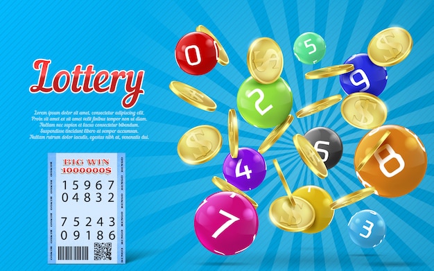 Premium Vector | Lottery banner with realistic golden coins, colorful balls  with numbers
