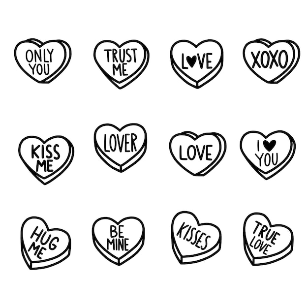 Premium Vector | Love candy hearts conversation hearts handdrawn ...