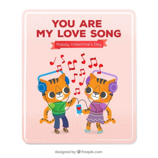 Love card with kittens listening to
music