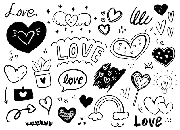 Premium Vector | Love heart shape doodle sticker outline drawing ...