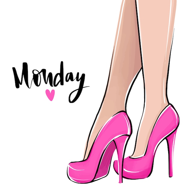 月曜日が大好きです ハイヒールのベクトルの女の子 ファッションイラスト 靴の中の女性の足 プレミアムベクター