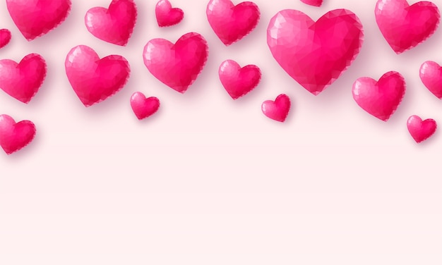 愛の壁紙パステル背景のピンクのクリスタルハート低ポリバレンタインデーのイラスト プレミアムベクター