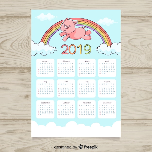 Lovely 2019 calendar template with hand drawn pig Free Vector
