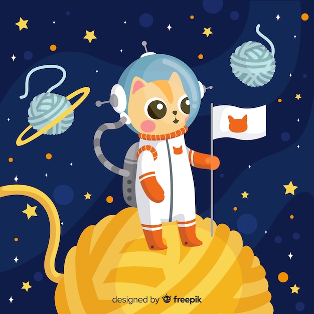 Lovely cat astronaut character with flat design Free Vector