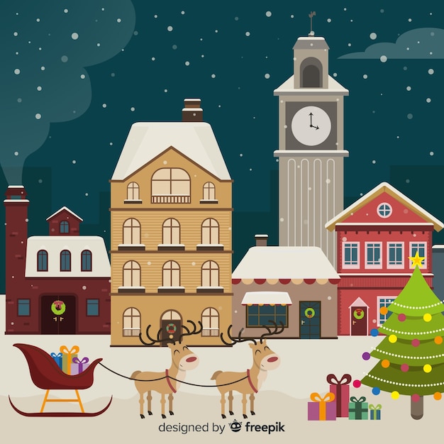 Free Vector Lovely christmas town with flat design