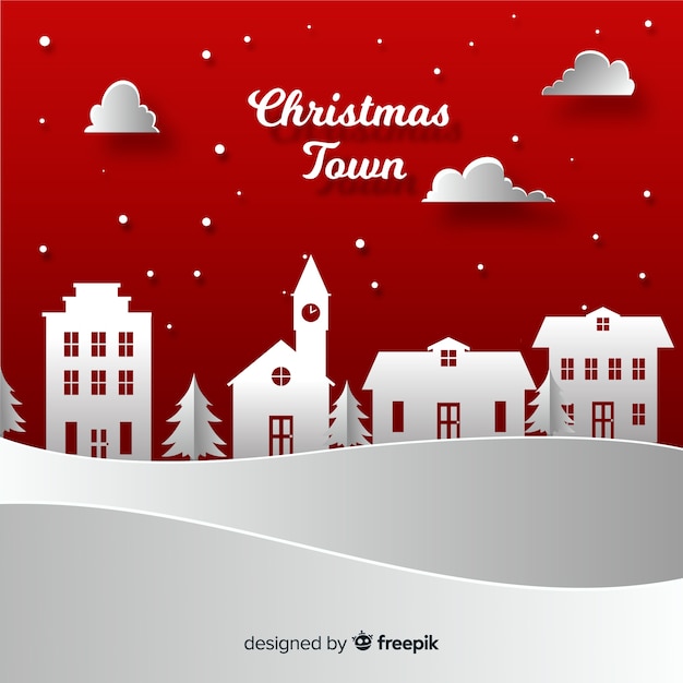 Lovely christmas town with paper style Free Vector