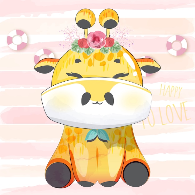 Download Lovely doodle baby giraffe in watercolor. | Premium Vector