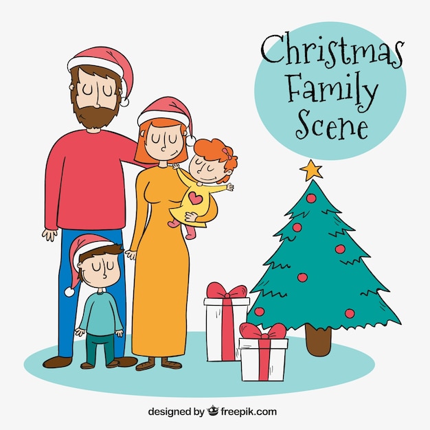Lovely family scene with tree and gifts