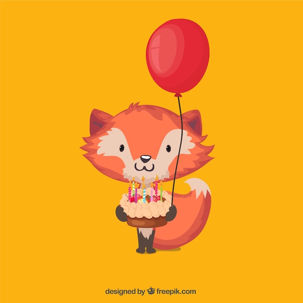 Lovely fox with a birthday cake and\
balloon