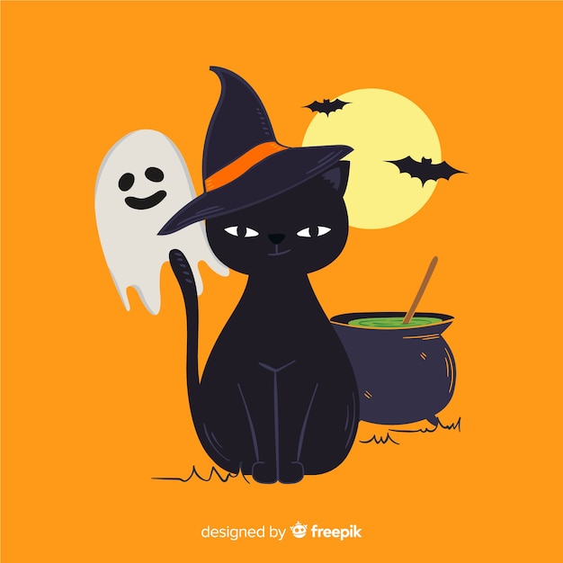 Download Lovely hand drawn halloween cat | Free Vector