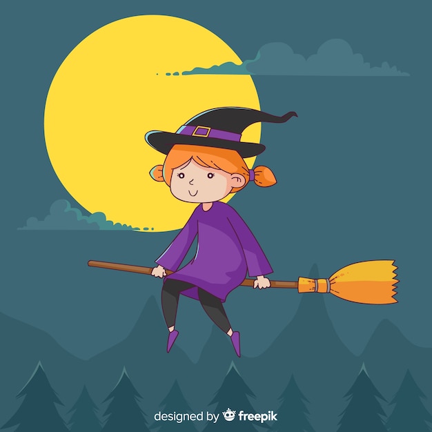 Free Vector | Lovely hand drawn witch character