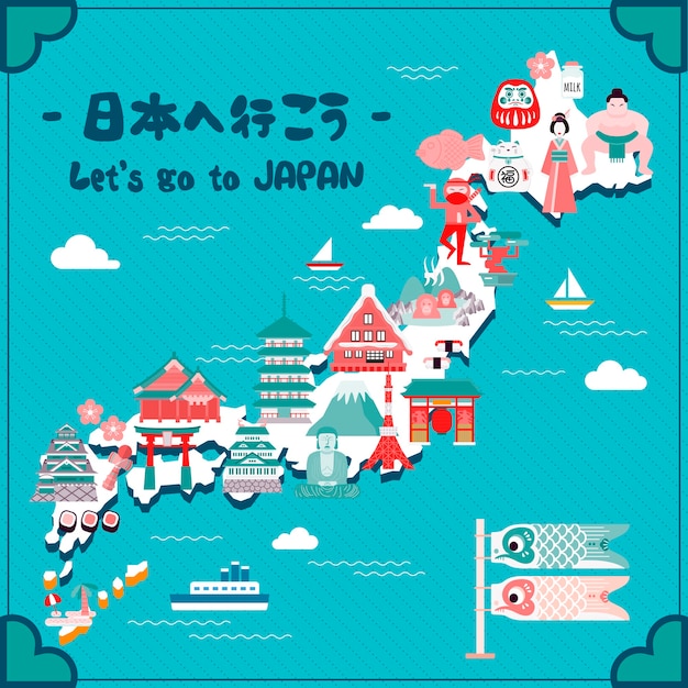 Premium Vector Lovely Japan Travel Map Let S Go To Japan In Japanese