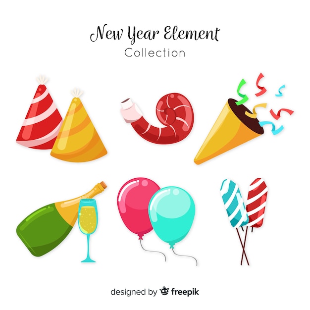 Lovely New Year Party Element Collection With Flat Design Free Vector