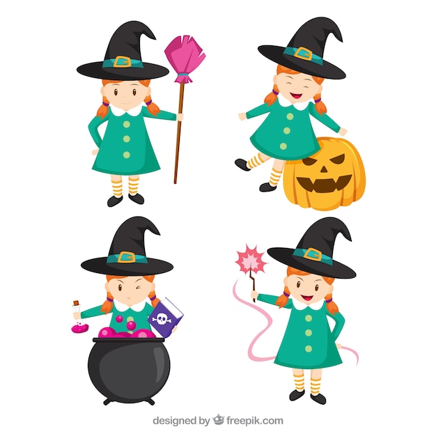 Free Vector | Lovely pack of girl with witch costume