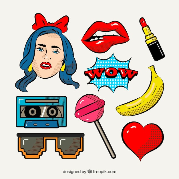 Lovely pack of pop art stickers Vector Free Download