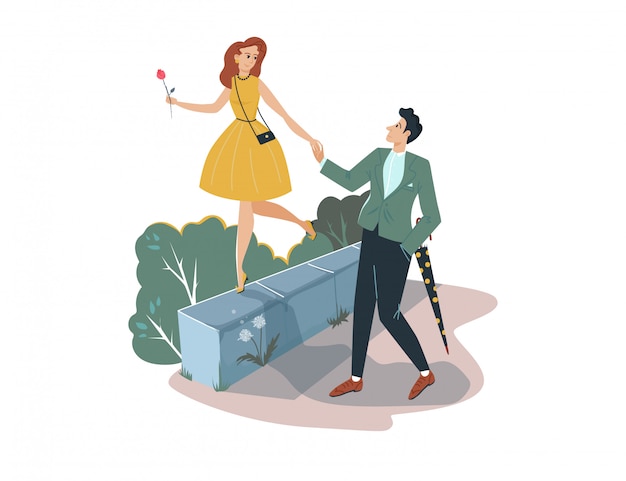 素敵なロマンチックなデート 白 漫画イラストの手恋人女性を抱きかかえた キャラクターペアの男性と女性の散歩 プレミアムベクター