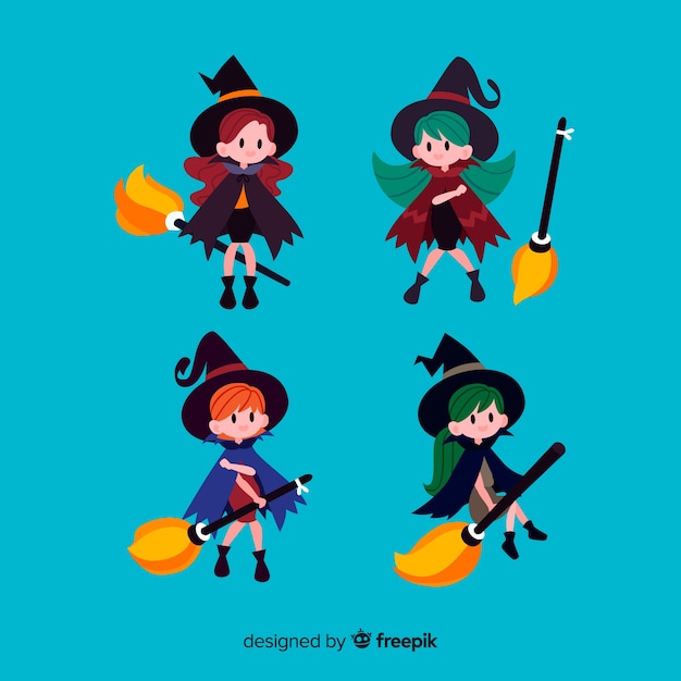 Lovely set of halloween witches with flat design Free Vector