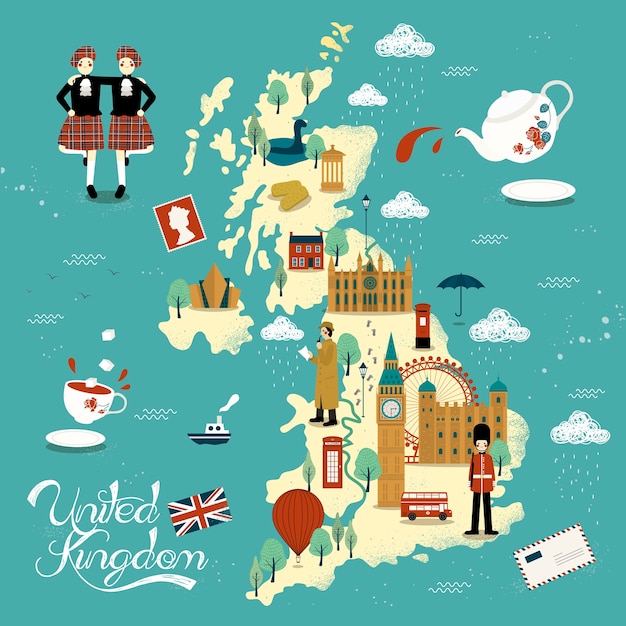 Premium Vector | Lovely united kingdom travel map design with attractions