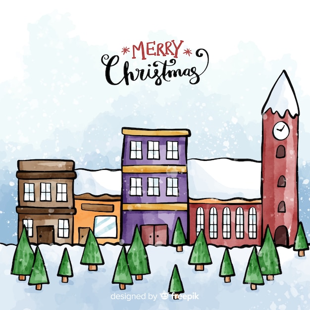 Free Vector Lovely watercolor christmas town