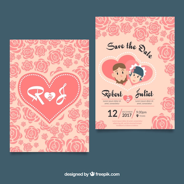Lovely wedding card with hearts and roses