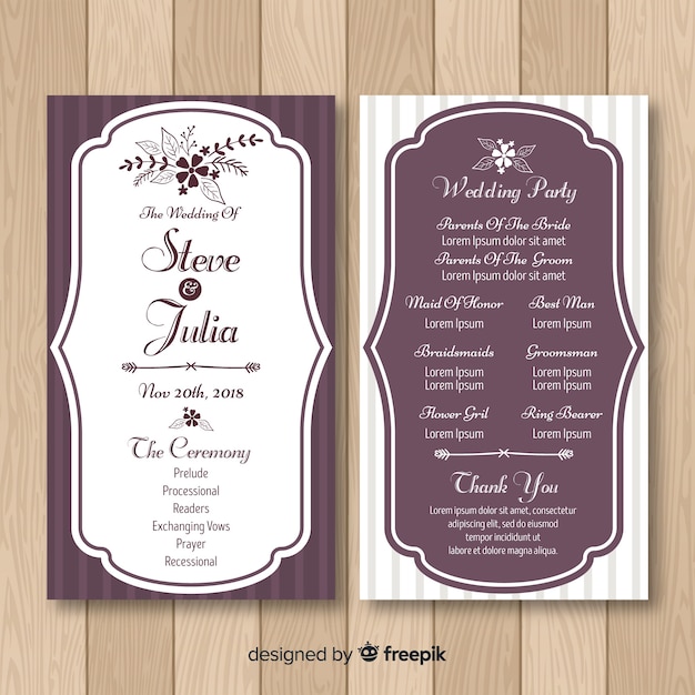 Lovely Wedding Program With Elegant Style Free Vector