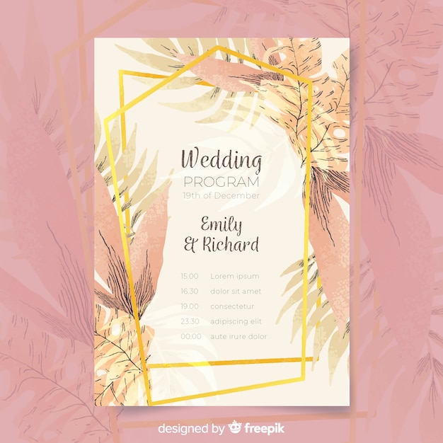 Lovely Wedding Program With Watercolor Flowers Free Vector