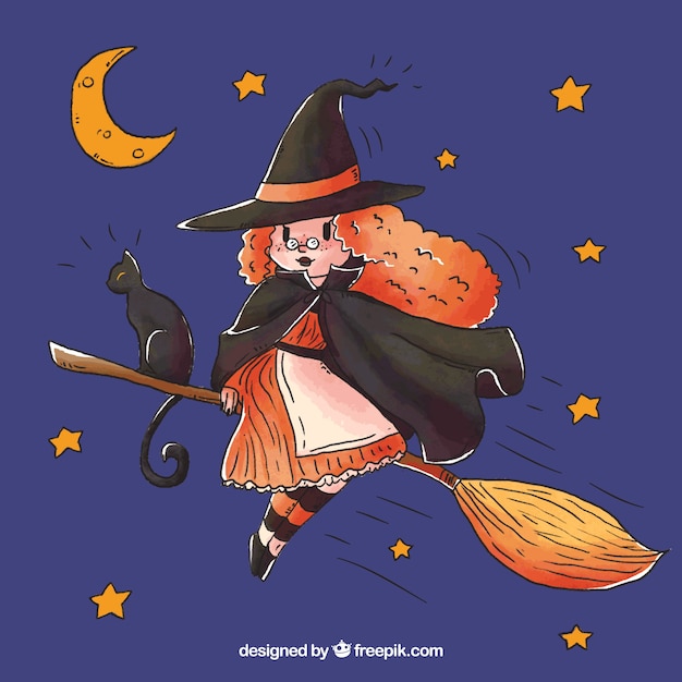 Free Vector | Lovely witch with hand drawn style
