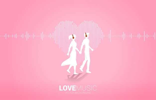 サウンドウェーブハートのアイコン音楽イコライザー背景と歩いて手を握って恋人カップル ラブソング音楽視覚信号 プレミアムベクター