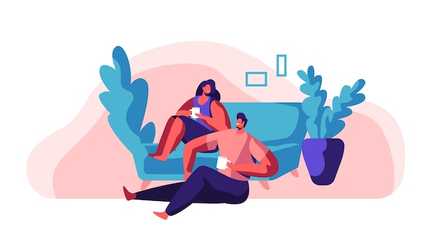 恋人のカップルは週末にリラックスします 男性と女性は快適なソファに座ります ハッピーペアドリンクティーまたはコーヒー キャラクターホールドカップ 人々の休日のレジャーライフスタイルフラット漫画ベクトル図 プレミアムベクター