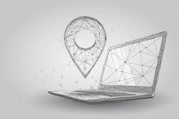 Low poly gps pin on pc laptop screen. abstract wireframe maps and navigator services Premium Vector