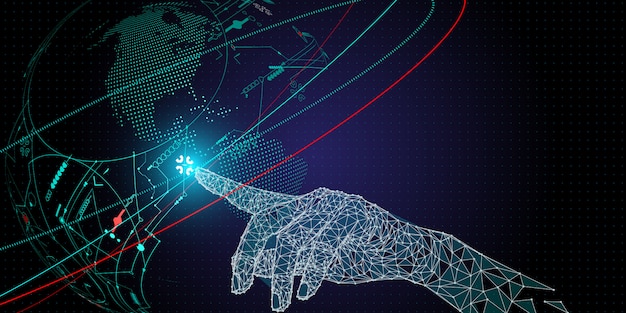 Low polygon hand touching telecommunication network and wireless mobile internet technology. Premium Vector