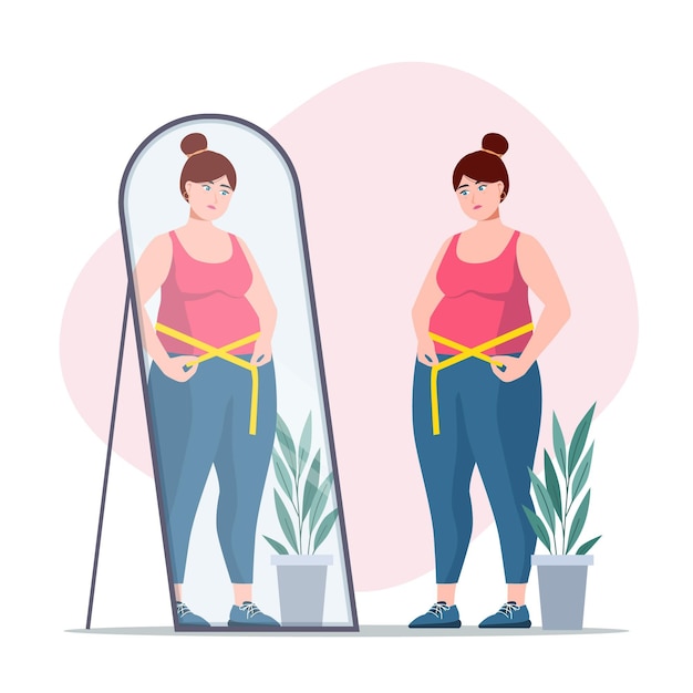 Low self-esteem woman looking into the mirror Free Vector