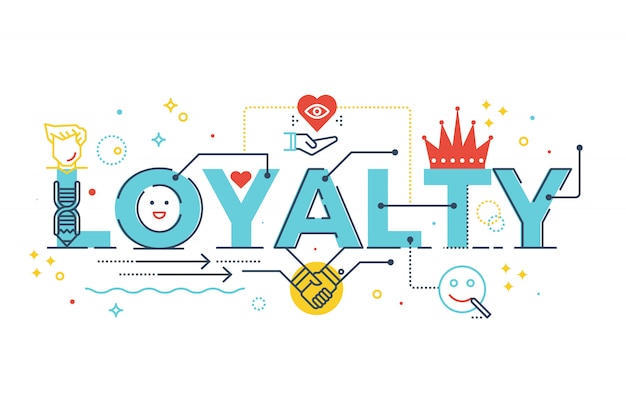 Loyalty word lettering typography design illustration with line icons and ornaments in blu Premium Vector