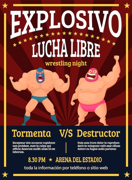 ルチャリブレポスター レトロなプラカードがメキシコのレスラー ルチャドールの筋肉キャラクターの戦闘試合を発表 プレミアムベクター