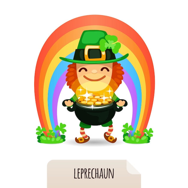 Premium Vector | Lucky leprechaun with coins in front of a rainbow